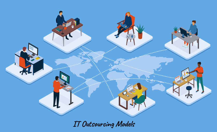 IT workers sit at different tables in different parts of the world and work together. Illustration of different outsourcing models